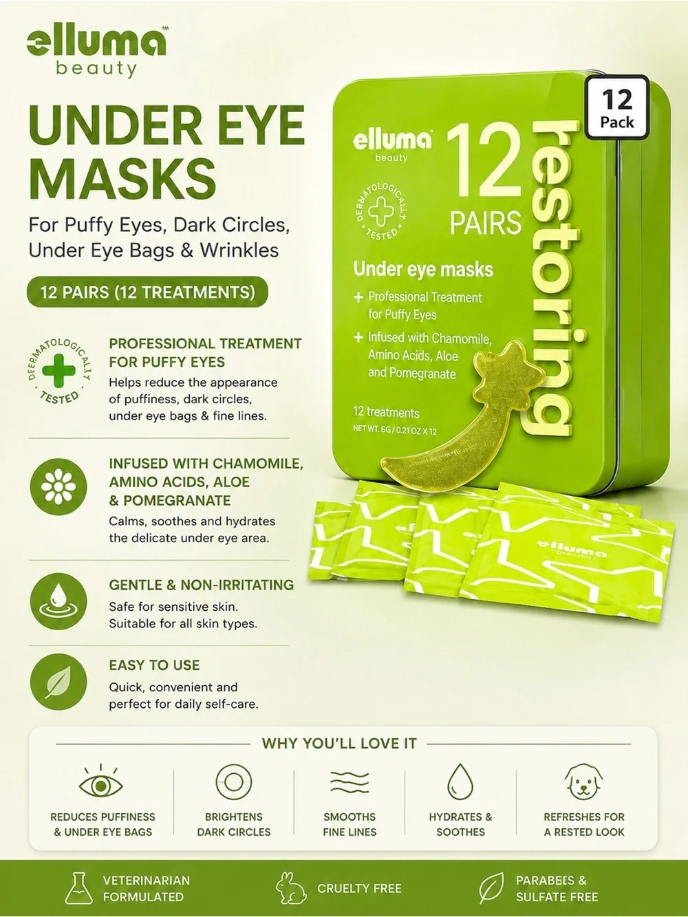 elluma beauty Under Eye Masks — Green Pack (12 Pairs)